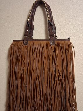 Fringe Tote Handbag in Brown Suede Leather  260809